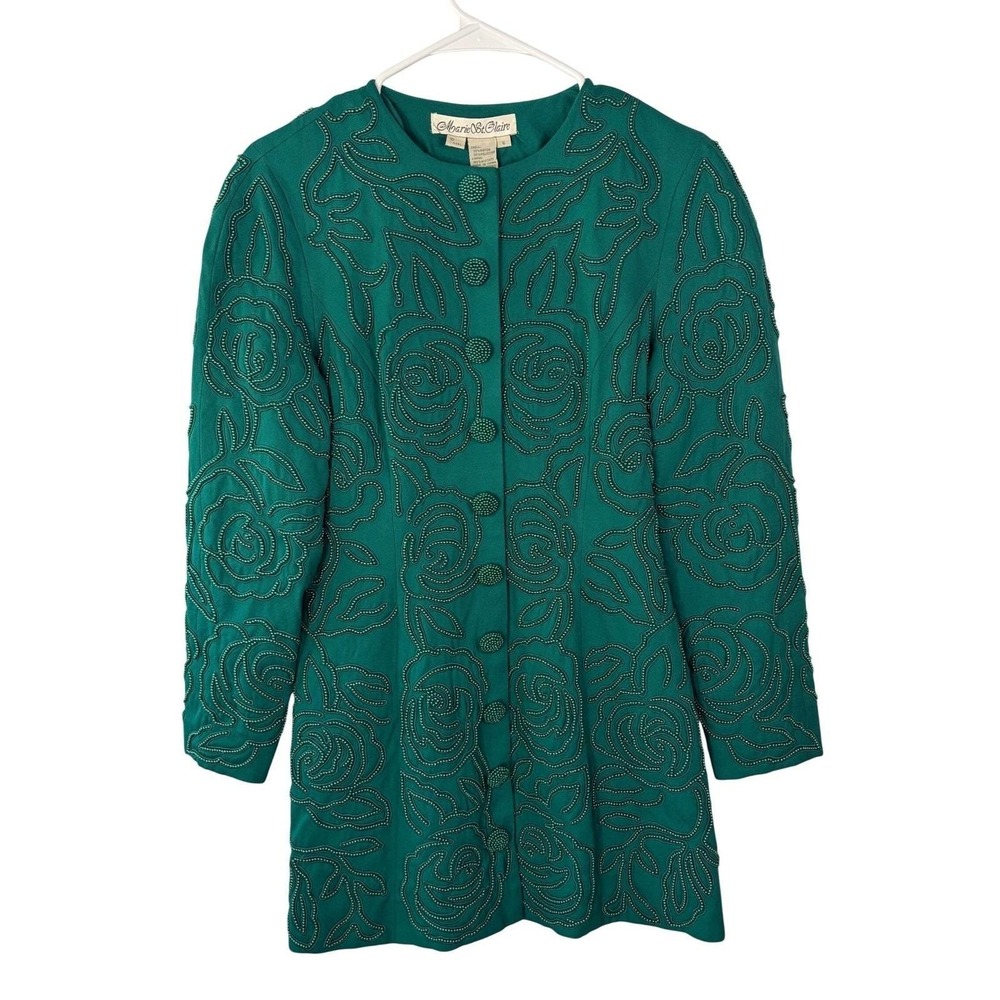 Marie St. Claire Vintage Emerald Green Beaded Rose Blazer Jacket Womens 6